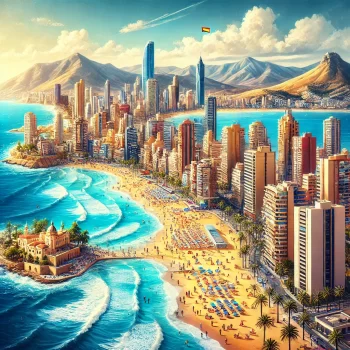 Uitzicht op Benidorm, Spanje, met de iconische skyline van hoge wolkenkrabbers, het goudkleurige zand van Playa de Levante, en de blauwe Middellandse Zee. Mensen genieten van de zon op het strand met parasols en palmbomen langs de promenade. Op de achtergrond zijn de bergen zichtbaar onder een heldere, zonnige hemel, wat de levendige en populaire toeristische sfeer van Benidorm weerspiegelt