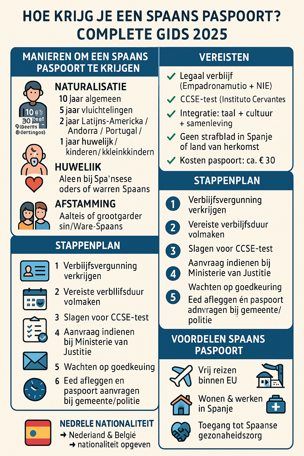 Infographic over het verkrijgen van een Spaans paspoort met uitleg over routes (naturalisatie, huwelijk, geboorte, afstamming), vereisten, stappenplan en voordelen zoals vrij reizen binnen de EU en toegang tot de Spaanse gezondheidszorg.