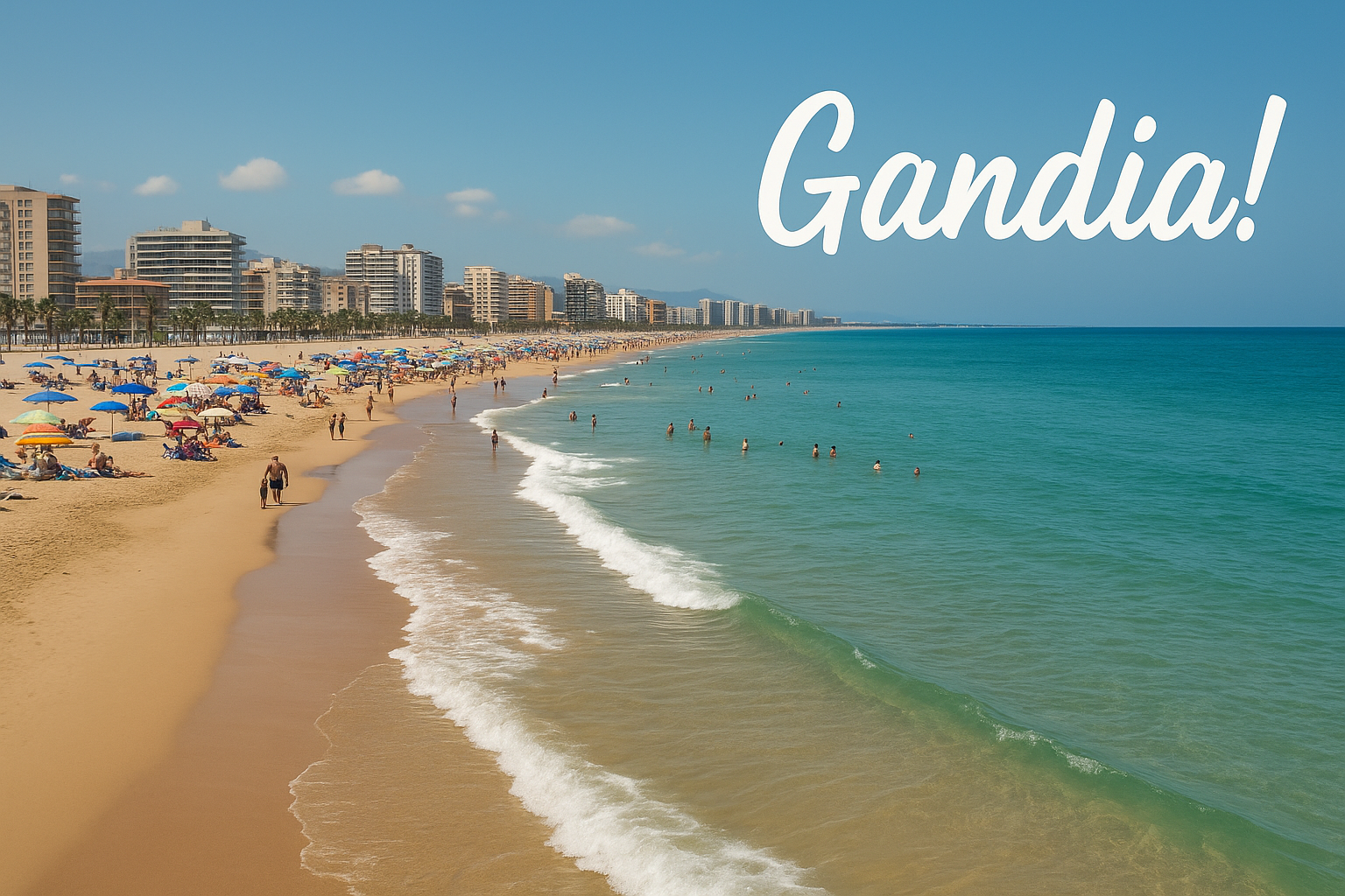 Fotorealistisch beeld van Playa de Gandia in Spanje met gouden zand, helderblauw water en de tekst "Gandia!".