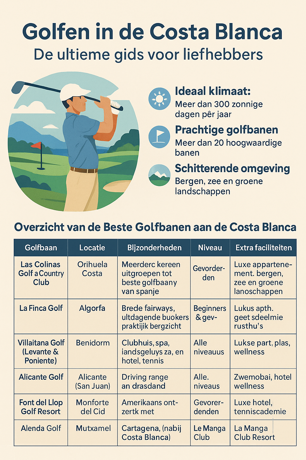 Informatieve afbeelding over golfen in de Costa Blanca met tips, beste golfbanen en praktische informatie voor liefhebbers