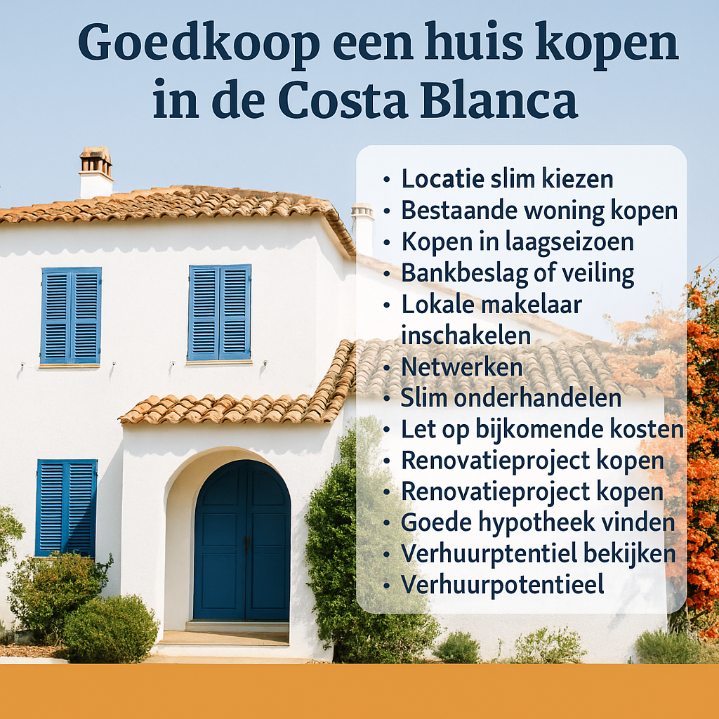 Informatieve afbeelding met tips om goedkoop een huis te kopen in de Costa Blanca, Spanje, met een wit mediterraan huis en lijst van strategieën.
