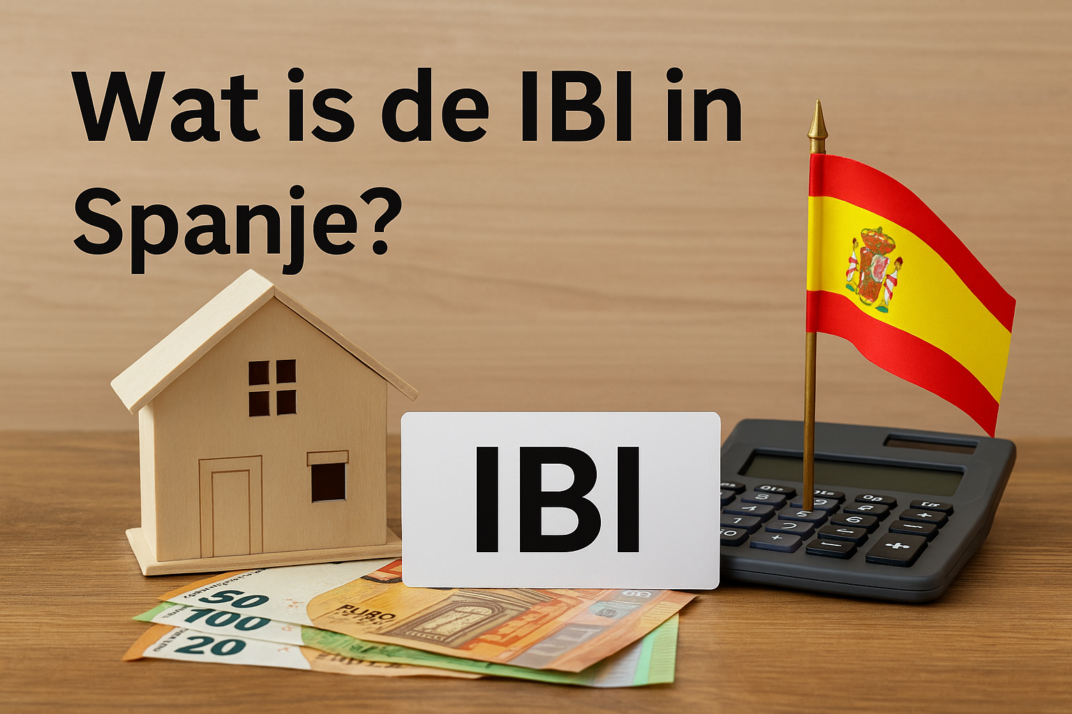 Afbeelding met houten huis, eurobiljetten, Spaanse vlag en calculator als symbolen van de IBI onroerendgoedbelasting in Spanje.