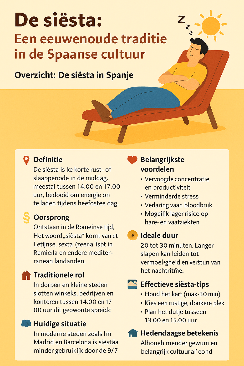 Infographic over de siësta in Spanje met uitleg over de oorsprong, ideale tijd, duur, voordelen en moderne betekenis van deze eeuwenoude middagrusttraditie.