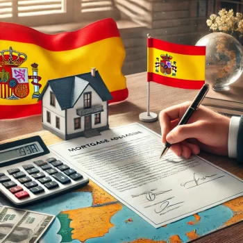 Persoon die hypotheekdocumenten ondertekent in Spanje, met een huismodel, calculator, en Spaanse vlag op de achtergrond. Beeld van het proces van een hypotheek aanvragen voor een woning in Spanje