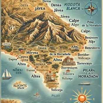 Een gedetailleerde kaart van de Costa Blanca-regio in Spanje, die de kustlijn toont van Denia in het noorden tot Pilar de la Horadada in het zuiden. De kaart bevat duidelijk gelabelde steden zoals Denia, Jávea, Moraira, Calpe, Altea, Benidorm, Alicante, Torrevieja, en Pilar de la Horadada. Iconen vertegenwoordigen beroemde bezienswaardigheden, zoals de Peñón de Ifach-rots bij Calpe en een zon-symbool voor het zonnige klimaat. De Middellandse Zee is afgebeeld in helderblauw, en de kaart heeft een warme, uitnodigende stijl die de charme van de Costa Blanca benadrukt