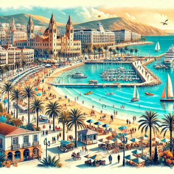 Een schilderachtige en levendige illustratie van Gandia, een kustplaats in Spanje, met zijn prachtige zandstranden, helderblauwe zee, en de levendige promenade met palmbomen. De afbeelding toont herkenningspunten zoals het historische Hertogelijk Paleis van Gandia, de bruisende jachthaven met boten, en de charmante oude stad met smalle straatjes en witgekalkte gebouwen. Mensen ontspannen op het strand, genieten van cafés in de open lucht, en doen mee aan watersporten. Op de achtergrond zijn de omliggende heuvels en een heldere, zonnige hemel zichtbaar, wat de levendige en uitnodigende sfeer van Gandia vastlegt