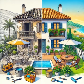 Een illustratie van houseflipping in Costa Blanca, Spanje, met een voor-en-na concept van een huis dat wordt gerenoveerd. Aan de linkerkant is een oud, vervallen huis te zien met vervaagde verf, kapotte ramen, en overwoekerde planten. Aan de rechterkant staat hetzelfde huis prachtig gerenoveerd met frisse verf, moderne ramen, een goed onderhouden tuin, en stijlvolle buitenmeubels. Renovatiegereedschap zoals verfemmers, ladders, en hamers zijn zichtbaar. Op de achtergrond is het zonnige landschap van de Costa Blanca te zien, met palmbomen, de zee, en heuvels.