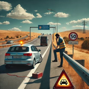 Een auto met pech langs de kant van een Spaanse snelweg. De auto staat met de alarmlichten aan en een gevarendriehoek is op ongeveer 50 meter afstand achter de auto geplaatst. De bestuurder, gekleed in een reflecterend veiligheidshesje, belt voor hulp en staat veilig achter een vangrail. Op de achtergrond zijn typische Spaanse landschapselementen zichtbaar, zoals glooiende heuvels, droog gras en een heldere blauwe lucht met enkele wolken. Een Spaans verkeersbord is in de verte te zien