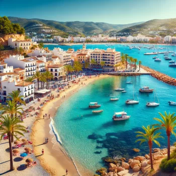 Een schilderachtig uitzicht op Moraira, Spanje, met de helderblauwe Middellandse Zee, witte Spaanse huizen met terracotta daken, luxe jachten in de jachthaven, en groene heuvels op de achtergrond