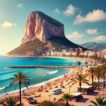 Een prachtig uitzicht op Calpe, Spanje, met de iconische Peñón de Ifach rots die majestueus oprijst tegen een heldere blauwe hemel. In de voorgrond ligt het gouden zand van Playa de la Fossa, waar mensen ontspannen zonnebaden en genieten van de kristalheldere Middellandse Zee. Langs de promenade zijn enkele palmbomen te zien, terwijl op de achtergrond de traditionele witte huizen van Calpe zichtbaar zijn, wat de levendige en schilderachtige sfeer van deze populaire kustbestemming benadrukt