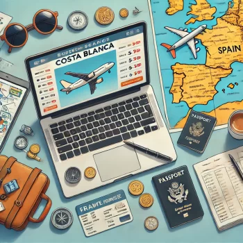 : Een illustratie van een reisplanning voor een budgettrip naar de Costa Blanca, met een overzicht van een bureau. Op de tafel liggen een laptop met zoekresultaten voor vluchten, een kaart van Spanje met een gemarkeerde route naar de Costa Blanca, een paspoort, een zonnebril, een notitieboek met een pen, en wat muntgeld. Een smartphone met een open vluchtboekingsapp en een dampende kop koffie staan ook op de tafel, wat de opwinding en voorbereiding van het vinden van betaalbare vluchten voor een zonnige vakantie weergeeft.