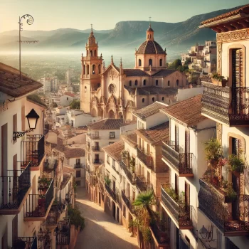 Uitzicht op het charmante oude centrum van Benissa met witgekalkte huizen, smalle straatjes, en de Puríssima Xiqueta kerk op de achtergrond, omringd door de mediterrane landschappen.