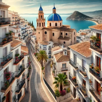 Uitzicht op Altea aan de Costa Blanca met de blauwe koepelkerk van Nuestra Señora del Consuelo, omringd door witgekalkte huizen, smalle geplaveide straatjes, en de Middellandse Zee op de achtergrond.