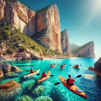 Kajakken langs de indrukwekkende kliffen en rotsformaties van de kust van Denia en Jávea, met helder turquoise water en een heldere blauwe hemel op de achtergrond.