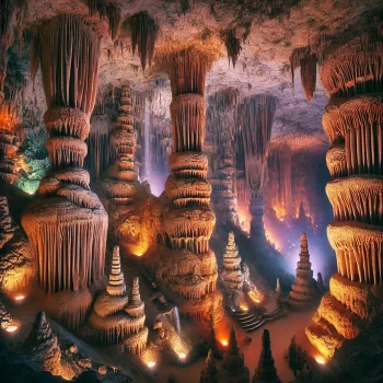 Binnenaanzicht van de Canelobre-grotten in Busot, Spanje, met indrukwekkende stalactieten en stalagmieten, verlicht door kleurrijke verlichting die de natuurlijke formaties benadrukt.