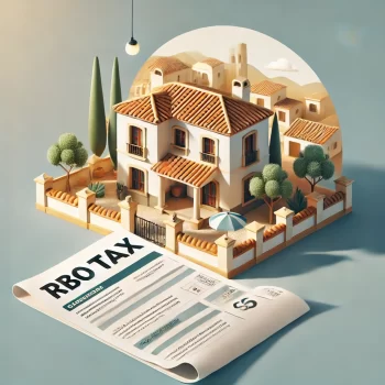 Illustratie van een Spaanse villa met een IBI-belastingdocument op de voorgrond, omringd door mediterrane elementen zoals olijfbomen en een blauwe lucht.