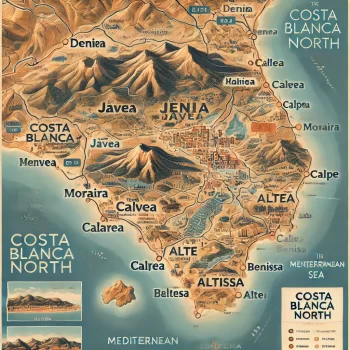 Gedetailleerde kaart van de Costa Blanca Noord met plaatsen zoals Denia, Jávea, Moraira, Calpe, Altea en Benissa, inclusief stranden, bergen en de Middellandse Zee.