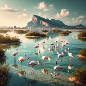 Zicht op de zoutwatermeren van Calpe met flamingo's in het water en de Peñón de Ifach op de achtergrond.
