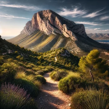 Panoramisch uitzicht op de Montgó berg in Costa Blanca, Spanje, met een hiking trail, mediterrane vegetatie en de zee in de verte.