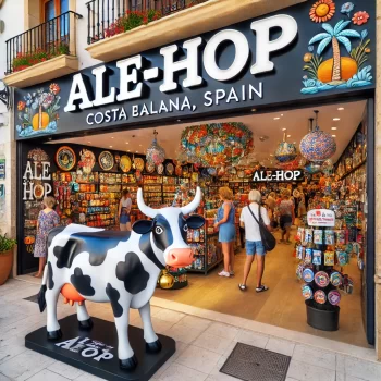 Een uitnodigende Ale-Hop winkel in Costa Blanca, met het iconische zwart-witte koeienbeeld bij de ingang en een kleurrijke selectie van producten binnenin.