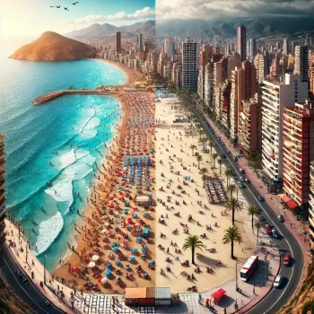 Panoramisch beeld van de Levante en Poniente stranden in Benidorm, waarbij Levante een levendige sfeer toont met veel mensen en Poniente een rustige en ontspannen uitstraling heeft, met de Middellandse Zee en de skyline van Benidorm op de achtergrond