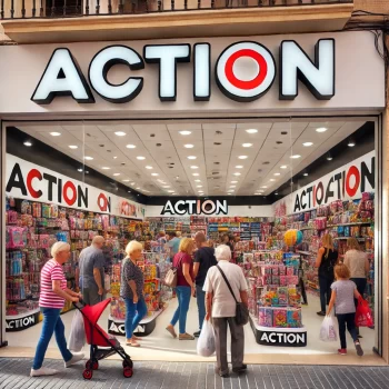 Een Action-winkel in de Costa Blanca, Spanje, met een drukke en uitnodigende uitstraling. De etalage toont diverse producten, en klanten van verschillende leeftijden komen in en uit met winkelzakken.