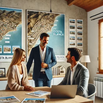 Een Nederlandse makelaar in een modern kantoor in de Costa Blanca legt vastgoedopties uit aan een geïnteresseerd koppel, met een kaart van de Costa Blanca en woningbrochures op de achtergrond.