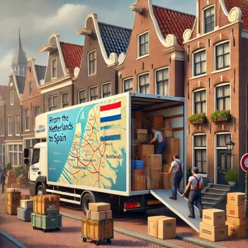 Een verhuiswagen wordt geladen met meubels en dozen voor een verhuizing van Nederland naar Spanje, met Nederlandse huizen op de achtergrond en een routekaart op de zijkant van de truck.