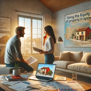 Een koppel in een moderne woonkamer bespreekt hoe ze de overwaarde van hun huidige huis kunnen gebruiken voor de aankoop van een woning in Spanje, met documenten en een laptop met Spaanse huizen op de achtergrond.