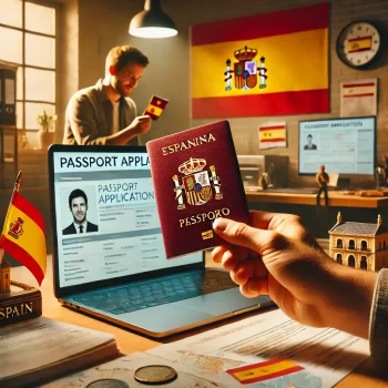 Een persoon in een modern kantoor houdt trots een nieuw Spaans paspoort vast, omringd door documenten, een laptop met de Spaanse vlag, en een kaart van Spanje op de achtergrond.