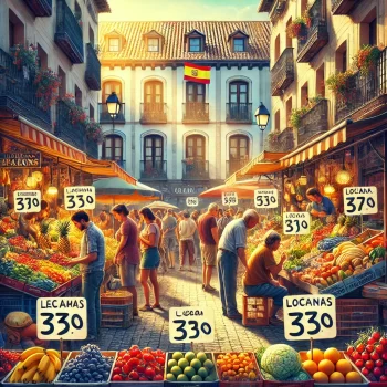 Een levendige Spaanse markt met verse groenten, fruit en lokale producten, waar mensen van verschillende leeftijden betaalbare goederen kopen, met traditionele Spaanse architectuur op de achtergrond.