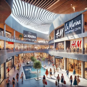 Een levendige en moderne scène van het La Marina Shopping Centre in Ondara, Spanje, met verschillende winkels, shoppers, en een ruime en eigentijdse winkelomgeving.