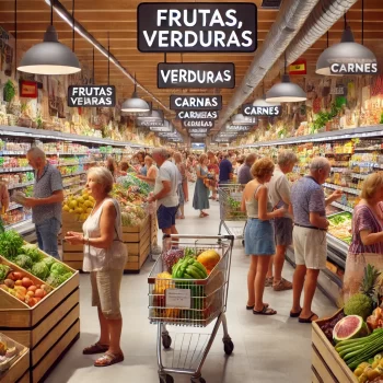 Levendige supermarkten in de Costa Blanca, Spanje, met klanten die producten uit de schappen kiezen, omringd door verse groenten, fruit, Spaanse delicatessen, en internationale goederen.