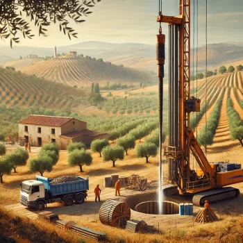 Een landelijke Spaanse scène met een boorinstallatie en arbeiders die bezig zijn met het slaan van een waterbron, tegen een achtergrond van olijfbomen, glooiende heuvels, en een typisch Spaanse boerderij.