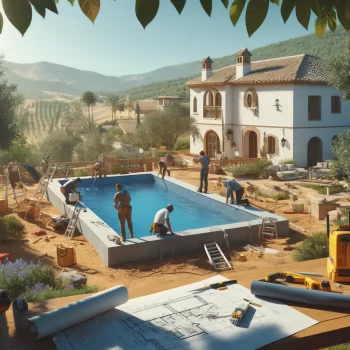 Een bouwteam is bezig met het aanleggen van een inbouwzwembad in een Spaanse achtertuin, met gereedschap, blauwdrukken, en een traditionele Spaanse villa op de achtergrond. ze zijn een zwembad bouwen.