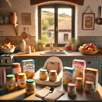 Een gezellige Spaanse keuken met verschillende babyvoeding producten op het aanrecht, waaronder potjes puree, flesvoeding, ontbijtgranen, en biologische snacks, met een kinderstoel op de achtergrond.