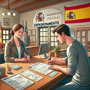 Een persoon die zich gaat inschrijven bij een Spaans gemeentehuis, geholpen door een ambtenaar, met documenten en formulieren op een bureau in een georganiseerde en gastvrije omgeving.