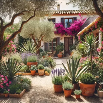 Een mediterrane tuin in Spanje met olijfbomen, lavendel, bougainvillea, rozemarijn, citrusbomen, en terracotta potten met vetplanten, naast een traditionele Spaanse villa. Welke planten kun je het beste in je tuin planten.