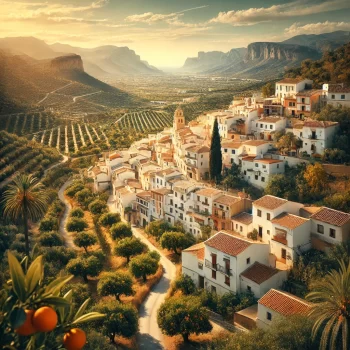 Traditioneel Spaans dorp in La Safor, Costa Blanca, met witte huizen, groene valleien en de Middellandse Zee op de achtergrond.