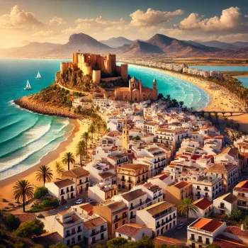 Een schilderachtig uitzicht op Oliva aan de Costa Blanca, met gouden zandstranden, blauwe zee, witte huizen met terracotta daken, en het Santa Ana kasteel op de heuveltop.
