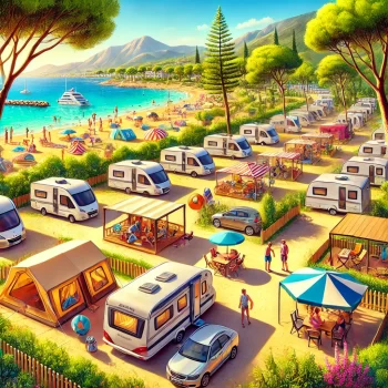 Een levendig campingterrein aan de Costa Blanca met tenten, caravans onder Mediterrane pijnbomen, een nabijgelegen zandstrand en families die genieten van buitenactiviteiten op de campings