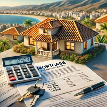 Illustratie van hypotheekdocumenten, een calculator, sleutels en een Spaans huis met de Costa Blanca op de achtergrond met de huidige hypotheekrente