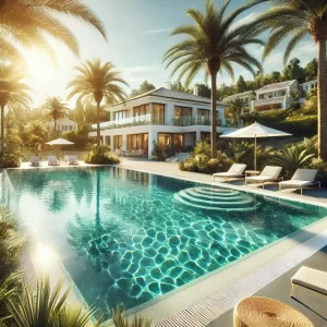Een schoon en helder zwembad bij een luxe villa aan de Costa Blanca, omringd door palmbomen en groen. bijgehouden door een zwembadschoonmaker