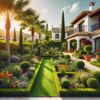 Een prachtig onderhouden mediterrane tuin bij een villa aan de Costa Blanca, met groene planten, kleurrijke bloemen en een wit huis op de achtergrond en onderhouden door een goede tuinman
