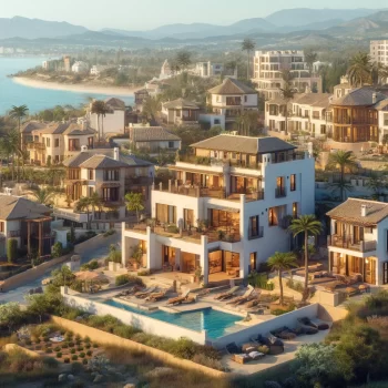Een panoramisch beeld van diverse woningen in de Costa Blanca, waaronder moderne appartementen, luxe villa's met zwembaden, en traditionele finca's met rustieke kenmerken, tegen een achtergrond van de Middellandse Zee. Dit geeft een mooie huizen selectie maken aan