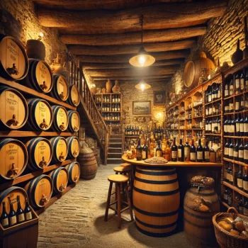 Een traditionele bodega met grote houten wijnvaten, stenen muren, wijnflessen op planken, en een gezellige sfeer met warme verlichting.