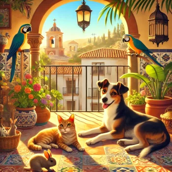 Alt-tekst: Een gezellige scène met huisdieren in een Spaanse setting. Een hond en kat ontspannen samen op een zonnig balkon met traditionele Spaanse tegels en planten, met een charmant Spaans dorp op de achtergrond. Een papegaai zit op een plant, terwijl een konijntje rondloopt.
