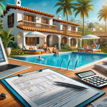 Een vakantiewoning in Spanje met een focus op administratie. Op de voorgrond staat een tafel vol documenten, een laptop en een pen, terwijl op de achtergrond een familie bij een zwembad ontspant in een zonnige villa met palmbomen en traditionele architectuur. Artikel gerelateerd aan de verplichte toeristenadministratie