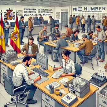 Een officiële Spaanse overheidskantooromgeving waar mensen hun documenten indienen voor een NIE-nummer aanvraag, met een ambtenaar achter een bureau, papieren, en informatieve posters op de muur.