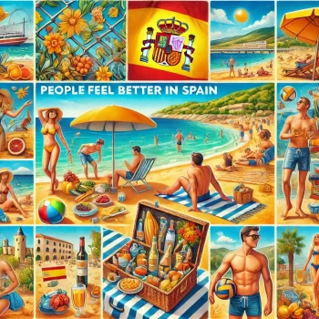 Een levendige Spaanse strandscène met mensen die genieten van de zon, de zee, en verschillende activiteiten zoals zwemmen, zonnebaden, en een picknick, wat de redenen illustreert waarom mensen zich beter voelen in Spanje. Nederlanders vragen zich af waarom voel ik me beter in Spanje?